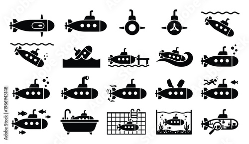 Collection of submarine icons depicting underwater exploration, naval transport, and maritime adventure for educational resources, game development, or travel industry promotions.