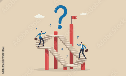 Business, pillars, and impossible concept, ambitious businessman walk up stair while in paradox he walking down