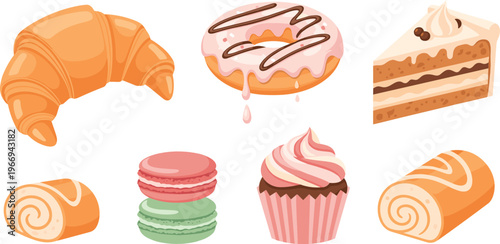 Delicious bakery dessert set croissant donut cupcake cake macaron sweet pastry collection colorful vector illustration design