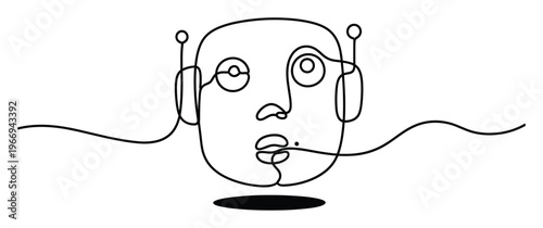 Minimalist continuous line drawing of an abstract robot head with antenna features ideal for modern tech communication concepts or futuristic branding assets