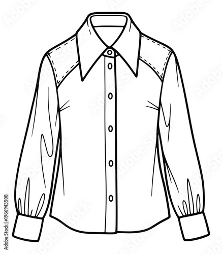 Stylish buttonup blouse with a classic collar and long puffed sleeves, perfect for fashion catalogs, garment production, and textile industry presentations.