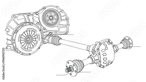 Automotive drivetrain components including transmission clutch differential and drive shafts presented as a technical line drawing suitable for educational materials or engineering diagrams