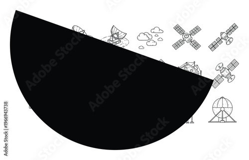 Explore global communication technology with hand drawn satellite dishes, clouds, and orbiting spacecraft representing data transmission for telecommunications and broadcasting projects.