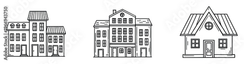 A collection of handdrawn architectural outlines depicting various residential and commercial buildings suitable for urban planning, real estate brochures, or graphic design projects
