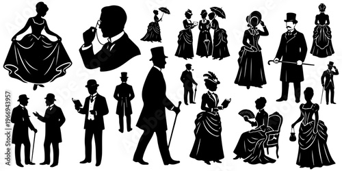 Victorian era people and historical fashion costumes silhouettes set. Vector collection of 19th-century men and women in classic clothing, top hats, and dresses isolated