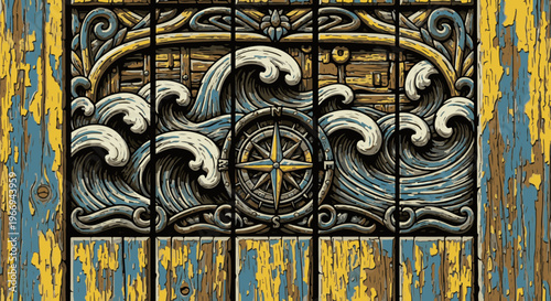 Distressed wood texture framing a detailed nautical compass and wave relief