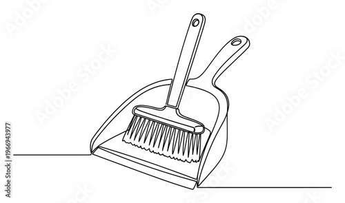 A minimal continuous line drawing presents a dustpan and a hand broom, representing essential household chores and tidiness, suitable for various domestic and organizational presentations.