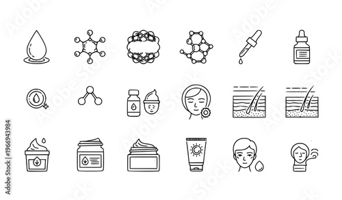 Skin care line icon set with dermatology beauty serum collagen and acne treatment symbols editable stroke vector