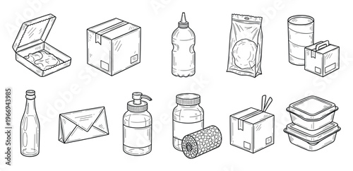 Various packaging items including shipping boxes, plastic bottles, food containers, a sealed pouch, and an envelope, useful for delivery, logistics, and retail business concepts.
