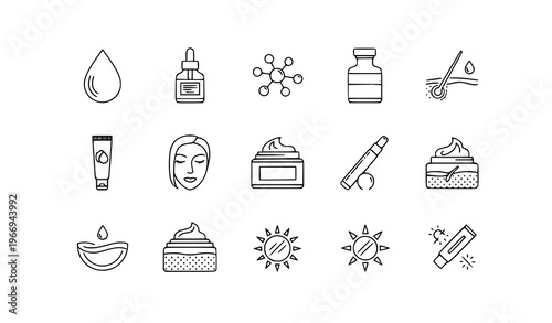 Minimal skincare outline icon set with serum collagen niacinamide and acne treatment symbols vector