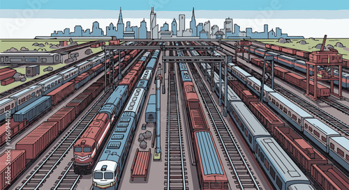 Extensive rail yard with cityscape backdrop and numerous trains