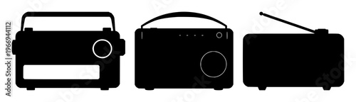 Radio set with black silhouette on white background featuring radio, electronics, broadcasting with communication and audio