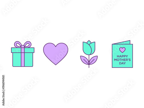 Mother's Day Icon set including a gift box, heart, tulip, and greeting card. These symbols represent the spirit of love and appreciation
