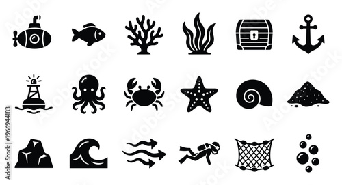 A large collection of ocean and underwater icons showcasing marine life, sea plants, nautical tools, and aquatic elements, useful for educational and adventure content.