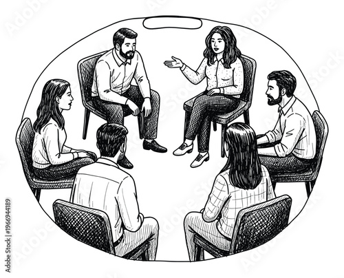 A group of six individuals comprising men and women seated in a circle engaging in a focused discussion, ideal for representing therapy, support, or collaborative meetings.