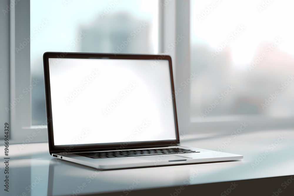 Fototapeta premium Laptop with Blank Screen on Bright Desk Setup