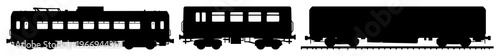 Train car set with black silhouette against white background featuring train car, railway vehicle, locomotive with carriage and rail