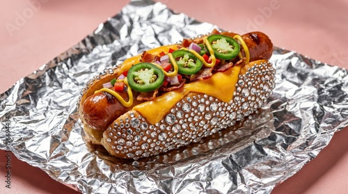 Hot Dog Culinary Delight: A mouthwatering, gourmet hot dog, a symphony of flavors and textures, rests on a bed of foil, promising a delightful culinary experience.