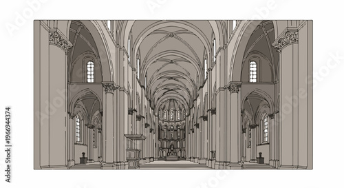 Gothic cathedral interior with vaulted ceiling, arches, and stained glass windows