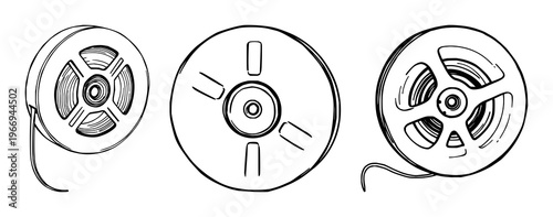 Magnetic tape reel set with black line art on white background featuring electronics, recording, audio with tape media and magnetic technology