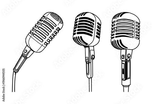 Microphone set with black line art design featuring vintage ribbon microphone, illustration, audio equipment with recording and studio