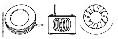 Radio transmitter coil set with black line art on white background featuring transmitter, antenna, electronics with vector and illustration