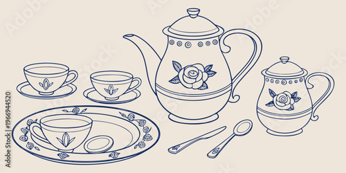 Isolated set of white porcelain tea cups and a traditional ceramic teapot with saucers, forming a classic kitchen service for hot beverages or breakfast.