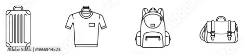 Collection of outline style icons featuring essential travel accessories like a rolling suitcase, tshirt, backpack, and messenger bag, perfect for digital applications or print media