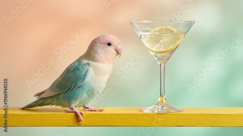A Bird's Tropical Elixir: A vibrant parrot perches on a sunny ledge, its gaze fixed upon a refreshing drink with a slice of lemon, evoking a sense of tropical delight.