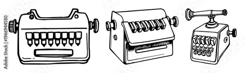 Telegraph key set with black line art design featuring vintage telegraph key, line illustration, monochrome with electronics and communication tools