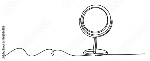 Minimalist one line drawing of a round vanity mirror on a stand, suitable for modern decor themes or as a simple graphic for beauty and selfcare related communication.
