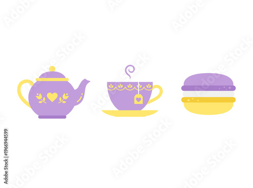 Delightful illustration with teapot, teacup, and macaron, perfect for tea time!