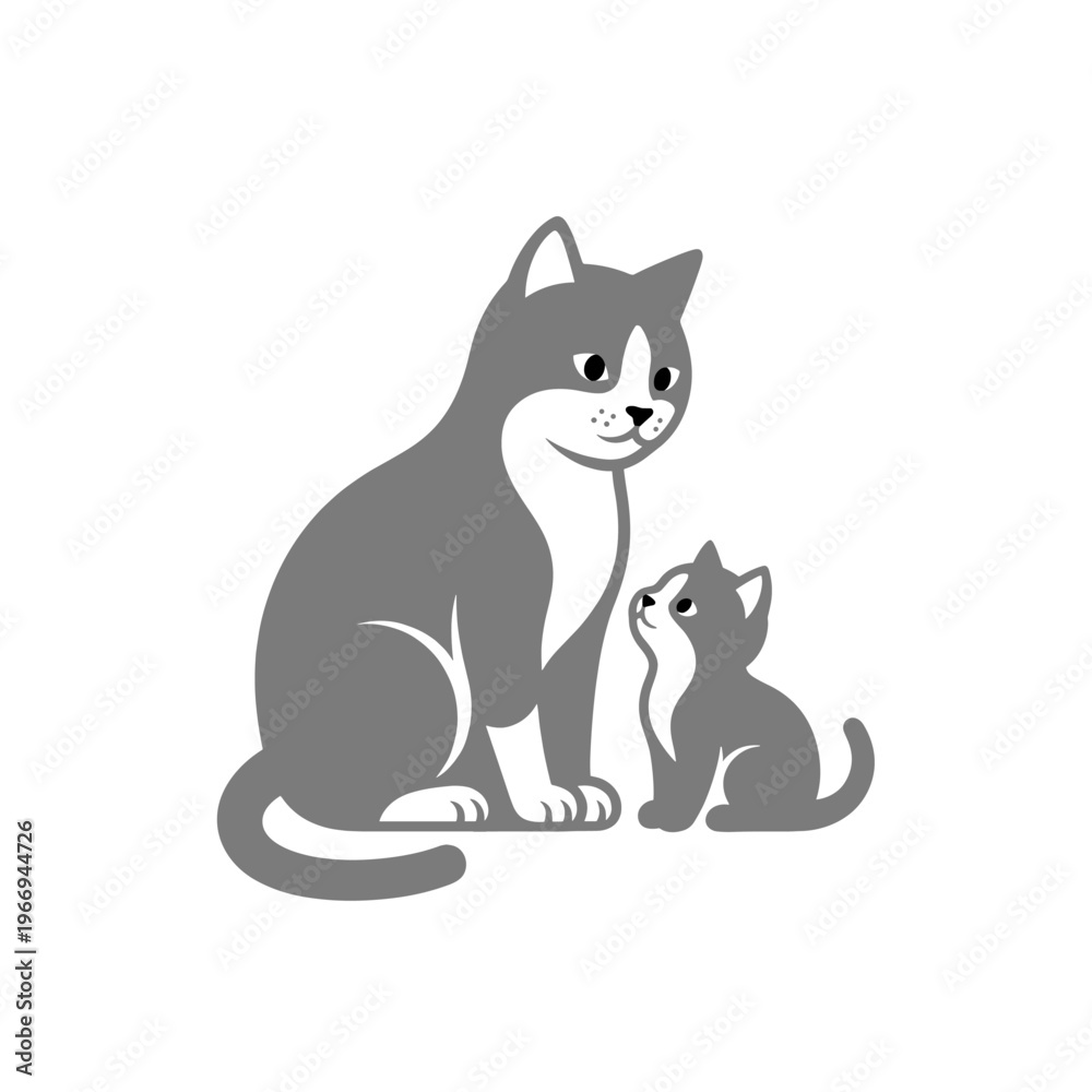 Obraz premium A gray cat and kitten sit side by side, looking at each other affectionately. This image portrays the tender bond between a mother and her child. It evokes the warmth of the animal.