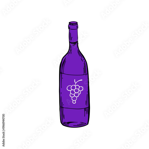 A single full red wine bottle with a blank label is isolated on a white background as a transparent glass beverage container for a winery or bar object.