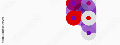 Abstract shapes, overlapping circles, purple hues dominate. Red accent provides contrast against white background. Minimalist design.