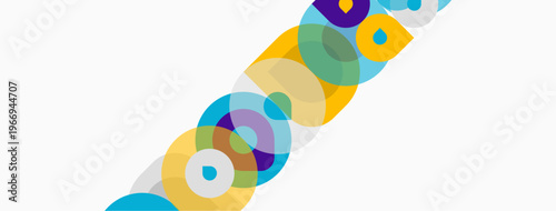 Abstract colorful circles overlap, creating dynamic diagonal pattern. Bright hues suggest energy, movement, modern design. Simple shapes, clean aesthetic.