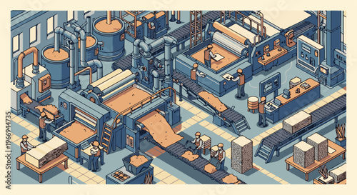 Isometric factory processing raw materials into finished products with workers