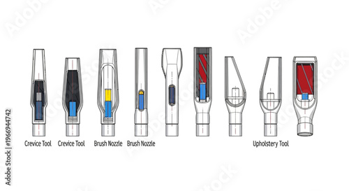 Vacuum Cleaner Attachments: Crevice, Brush, Upholstery Tools - Detailed Diagram