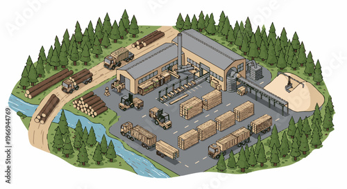 Isometric view of a lumber mill operation with trucks, forklifts, and lumber piles