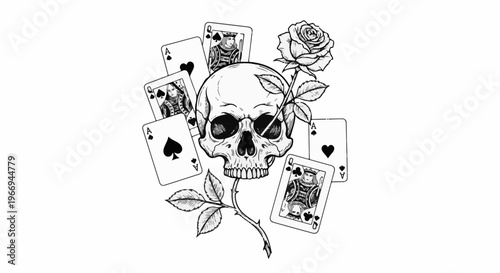 A skeletal head, rose, and playing cards with a dark, illustrative style