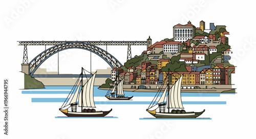 A stylized illustration of a historic European city with a bridge and boats