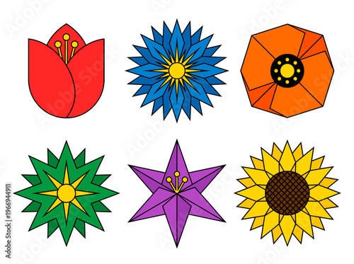 Vibrant stylized flower illustrations. Showcasing a collection of diverse and brightly colored floral designs