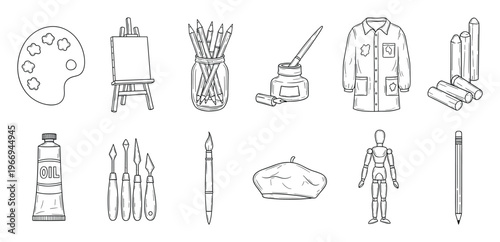 A complete set of drawing and painting instruments including easels, palettes, brushes, pencils, and other studio accessories for education and creative pursuits.