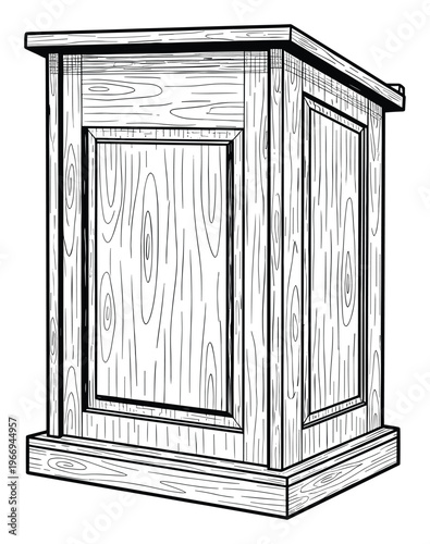 Classic handcrafted wooden stand or podium with visible wood grain texture, presented as a black outline drawing, perfect for various graphic design projects and decorative applications.