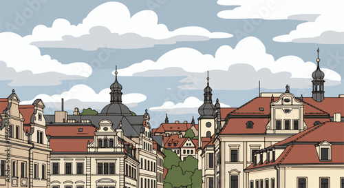 A scenic view of old European architecture under a cloudy sky