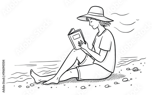 A serene woman in a sun hat leisurely reading a book while sitting barefoot by the calm ocean waves on a peaceful beach, ideal for showcasing summer vacation, relaxation, and tranquil