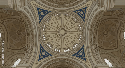 Ornately decorated interior ceiling with a central dome and arched sections