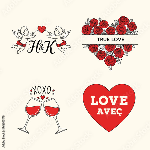 Charming illustrations of love-themed symbols and messages for romantic occasions