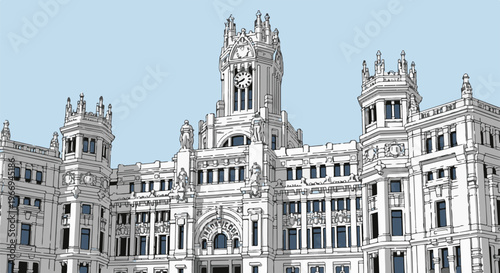 Ornate white building with a central clock tower and multiple spires, sky blue background