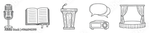 Collection of line drawn icons for public speaking, education, and event management, featuring a microphone, open book, podium, speech bubbles, projector, and stage for professional media